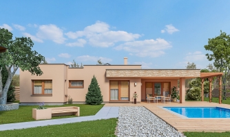 Masonry atrium family house with a double garage, a flat roof and a large covered terrace, the atrium optically connects the living space and the bedrooms.